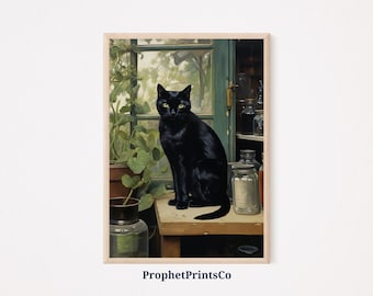 Vintage Cat Art Poster Print | Whimsical Cat Wall Art | Black Cat Painting | Black Cat Home Décor | Printable Wall Art | Digital Download