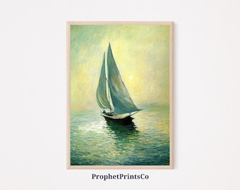 Gedämpftes Segelboot Poster Print | Haus am See Wandkunst | Vintage Küsten Geschenk | Blaues nautisches Wohndekor | Druckbare Wandkunst | Digitaler Download