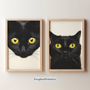 Set Of 2 Black Cat Poster Prints | Gallery Wall Set | Vintage Cat Painting | Cute Kitten Home Décor | Digital Download | Printable Wall Art