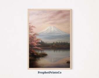 ソフトトーンの富士山油絵 | 日本の壁アート | 富士山ポスター | 富士山日本室内装飾 | 印刷可能な壁アート | デジタルダウンロード