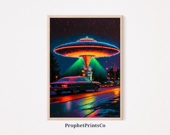 UFO Modern Poster Print | Flying Saucer Wall Art | Green Alien Lover Gift | Cool Area 51 Home Décor | Printable Wall Art | DIGITIAL DOWNLOAD