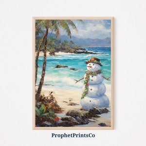 Muñeco de nieve en Hawaii Impresión / Arte tropical hawaiano / Lindo arte de la pared de Navidad / Navidad muñeco de nieve impresión de arte / arte de pared imprimible / Descarga digital