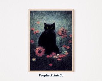 DIGITIAL DOWNLOAD Black Cat Poster Print | Black Cat Wall Art | Gift For Cat Lovers | Inspired By Monet | Printable Wall Art