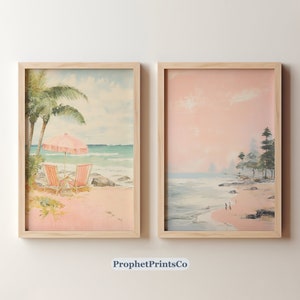 Set Of 2 Pink Beach Painting Prints | Girly Apartment Decor | Preppy Pink Beach Art | Coastal Decor | Digital Download | Printable Wall Art