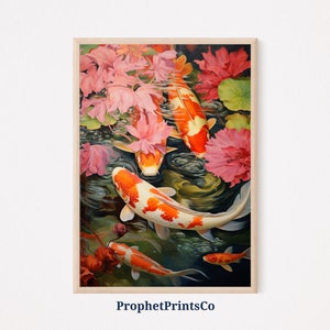 Puede incluir: Una pintura de cuatro peces koi naranja y blanco nadando en un estanque con flores rosas y nenúfares verdes.