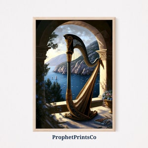 May include: A golden harp with black strings sits in a stone archway overlooking a blue ocean with a view of a distant coastline. The harp is decorated with intricate carvings and has a wooden base.