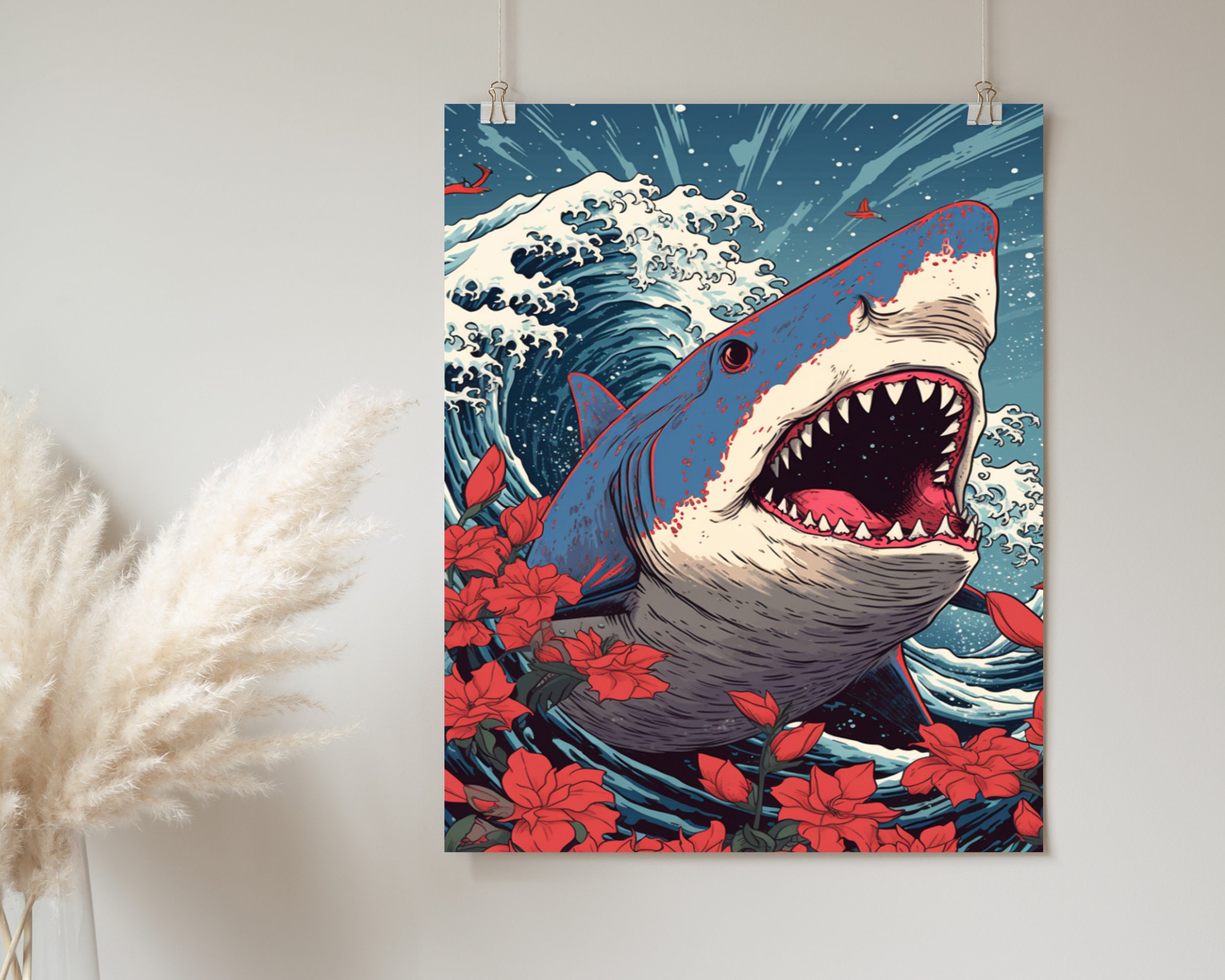Japanese Shark Poster Print | Colorful Shark Wall Art | Japan Pop