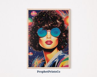 Retro Disco Print | Aesthetic 1980s Wall Art | Rainbow Art 80s Woman | Funky Disco Ball Home Décor | Printable Wall Art | Digital Download