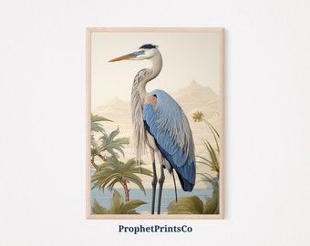 Impresión de garza azul / Arte de la pared costera / Arte de garza azul / Impresiones de aves costeras / Impresión de arte de pájaro garza / Arte de pared imprimible / Descarga digital