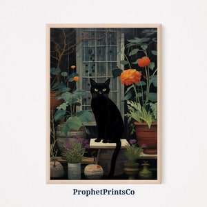Vintage Cat Art Poster Print | Whimsical Cat Wall Art | Black Cat Painting | Black Cat Home Décor | Printable Wall Art | Digital Download