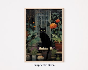 Vintage Cat Art Poster Print | Whimsical Cat Wall Art | Black Cat Painting | Black Cat Home Décor | Printable Wall Art | Digital Download