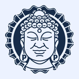 May include: A black and white line drawing of a Buddha's face inside a circular frame with a decorative border. The Buddha has closed eyes and a serene expression. The word "P" is on each side of the face.