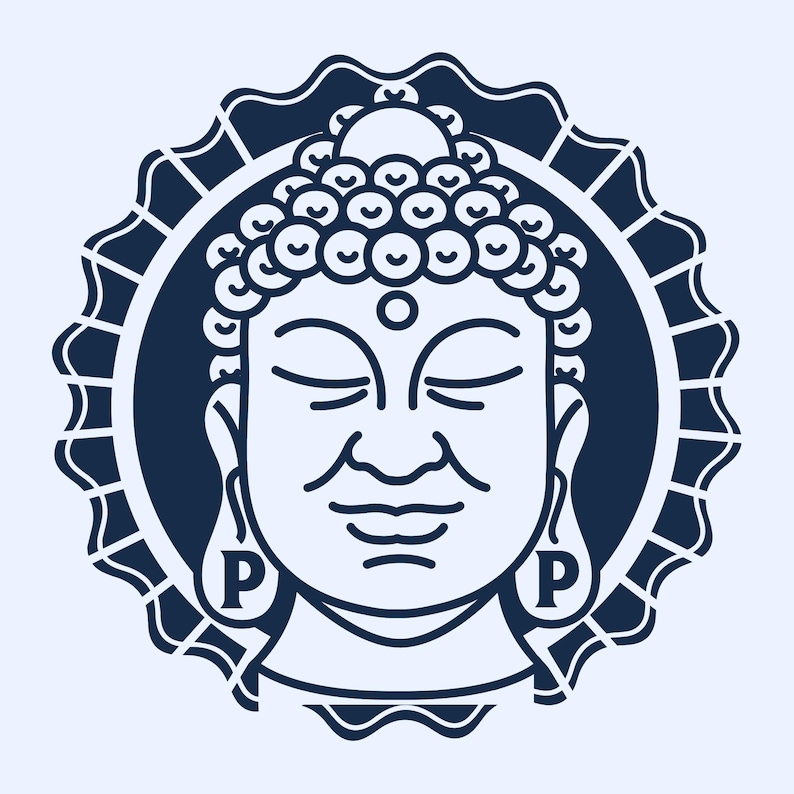 May include: A black and white line drawing of a Buddha's face inside a circular frame with a decorative border. The Buddha has closed eyes and a serene expression. The word "P" is on each side of the face.