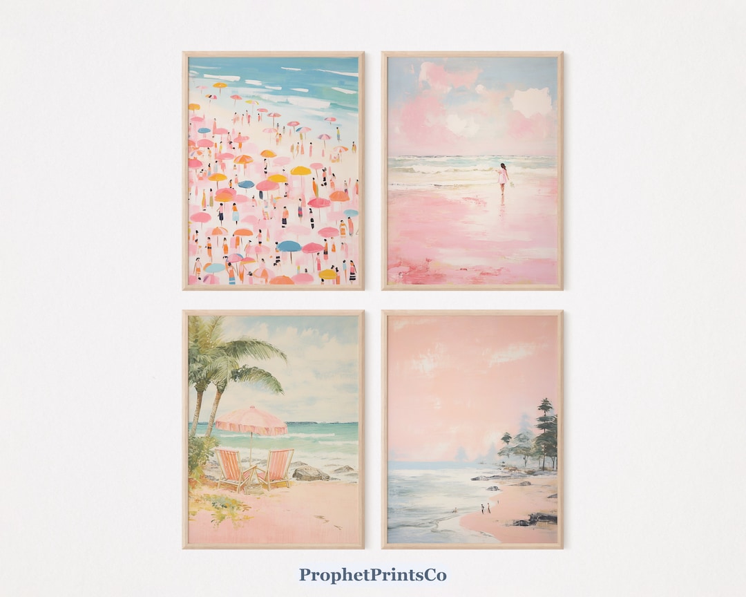 Set of 4 Pink Beach Painting Prints Girly Apartment Decor Preppy Pink