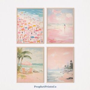 Set Of 4 Pink Beach Painting Prints | Girly Apartment Decor | Preppy Pink Beach Art | Coastal Decor | Digital Download | Printable Wall Art