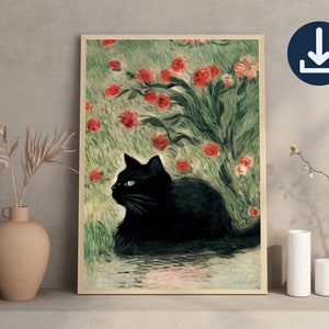 K&ouml;nnte beinhalten: Eine schwarze Katze mit gr&uuml;nen Augen sitzt in einem Feld mit roten Blumen. Die Katze schaut nach rechts im Bild. Die Blumen sind in einer stilisierten Art und Weise gemalt, mit dicken Pinselstrichen.