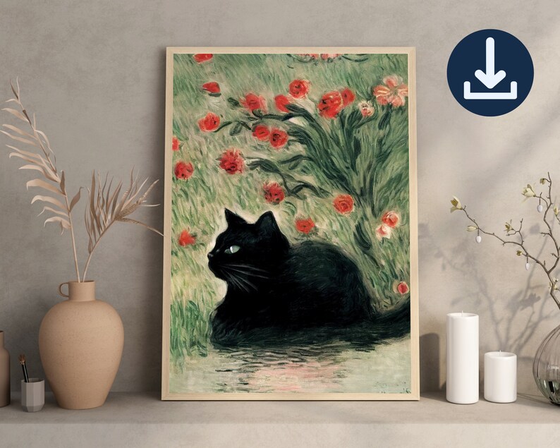 K&ouml;nnte beinhalten: Eine schwarze Katze mit gr&uuml;nen Augen sitzt in einem Feld mit roten Blumen. Die Katze schaut nach rechts im Bild. Die Blumen sind in einer stilisierten Art und Weise gemalt, mit dicken Pinselstrichen.