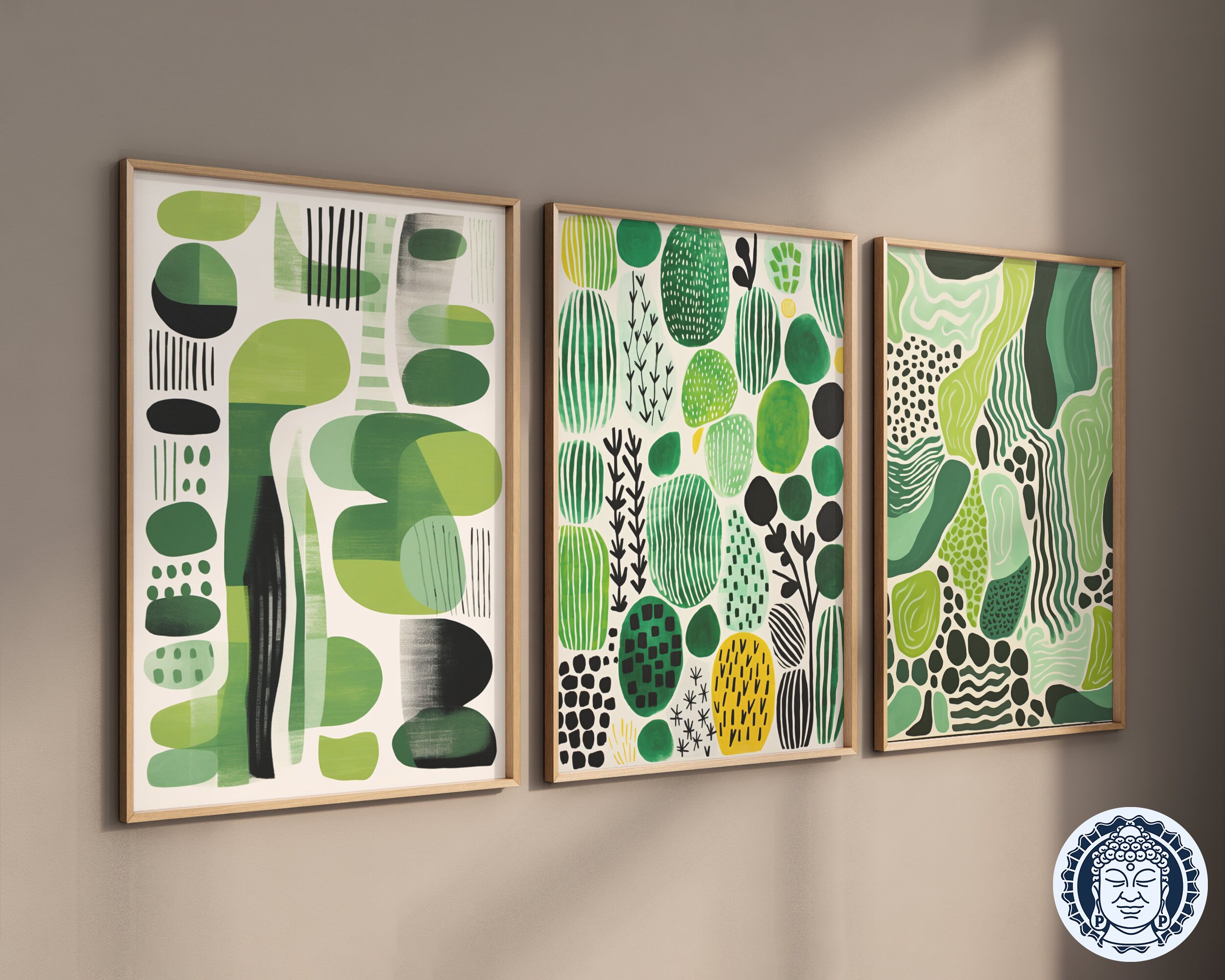 Set of 3 Boho Sage Green Prints | Mid Century Wall Line Art Print Set ...