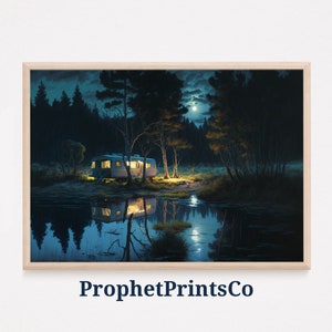 Impresión de póster de camping en la playa / Arte nocturno de la pared costera / Regalo para amantes de California / Decoración del hogar de palmeras / Arte de pared imprimible / DESCARGA DIGITAL