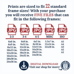 May include: A digital download graphic showing 22 standard frame sizes for prints. The graphic includes five different JPG file options for different frame sizes, including 4x6 inches, 6x8 inches, 4x5 inches, 5.5x7 inches, and ISO sizes.