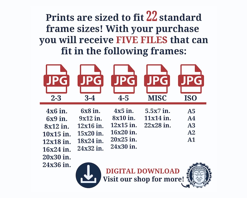 May include: A digital download graphic showing 22 standard frame sizes for prints. The graphic includes five different JPG file options for different frame sizes, including 4x6 inches, 6x8 inches, 4x5 inches, 5.5x7 inches, and ISO sizes.
