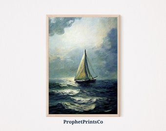 Gedämpftes Segelboot Poster Print | Haus am See Wandkunst | Vintage Küsten Geschenk | Blaues nautisches Wohndekor | Druckbare Wandkunst | Digitaler Download
