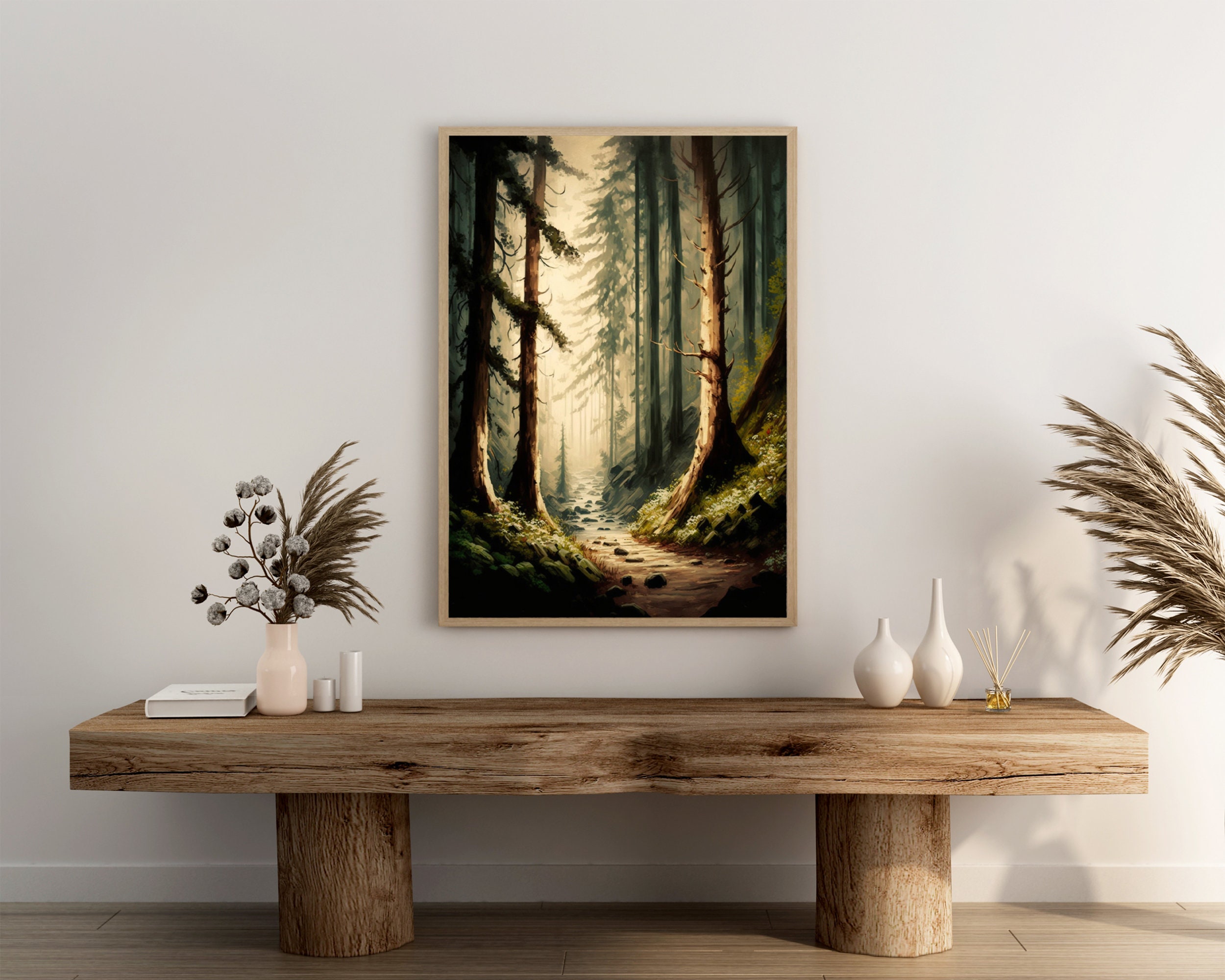 Rustic Forest Oil Painting Print Pine Tree Wall Art Nature Lover Gift ...