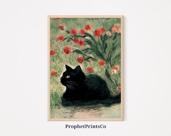 DIGITIAL DOWNLOAD Black Cat Poster Print | Black Cat Wall Art | Gift For Cat Lovers | Inspired By Monet | Printable Wall Art