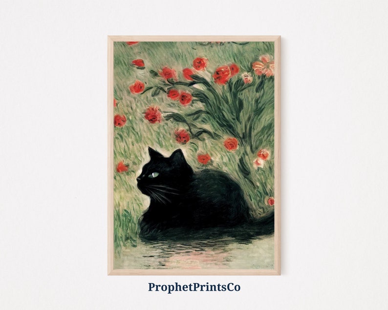K&ouml;nnte beinhalten: Eine schwarze Katze mit gr&uuml;nen Augen sitzt in einem Feld mit roten und wei&szlig;en Blumen. Die Katze schaut nach links im Bild. Die Blumen sind in einer stilisierten Art und Weise gemalt, mit dicken Pinselstrichen.