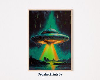 UFO Modern Poster Print | Flying Saucer Wall Art | Green Alien
