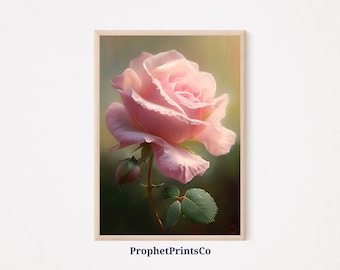 Pink Rose Oil Painting Poster Print / Botanical Wall Art / Cute Floral Gift / Pink Rose Home Décor / Printable Wall Art / Download digitale
