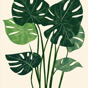 May include: A digital illustration of a cluster of green monstera leaves on a white background.
