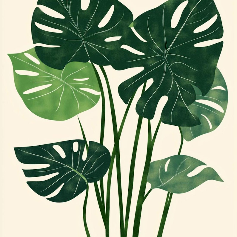 May include: A digital illustration of a cluster of green monstera leaves on a white background.