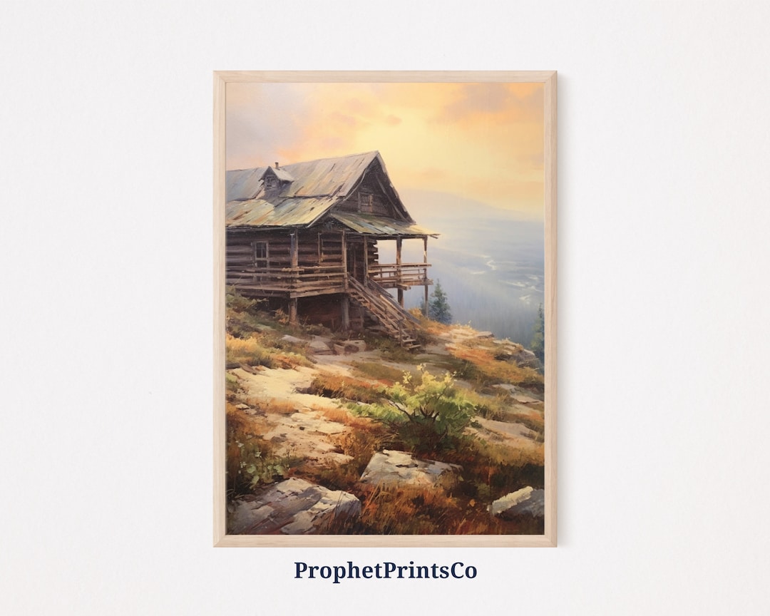 Soft Tonal Log Cabin Oil Painting Rustic Wall Art Old Log Cabin