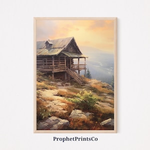 Soft Tonal Log Cabin Oil Painting | Rustic Wall Art | Old Log Cabin | Aesthetic Forest Home Decor | Printable Wall Art | Digital Download