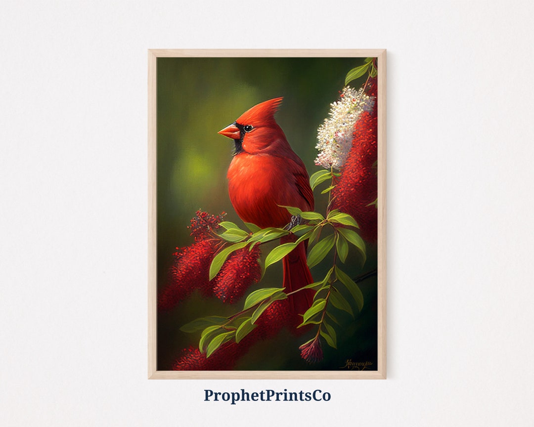 Red Cardinal Oil Painting Poster Print Red Bird Wall Art Cardinal Lover