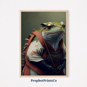May include: A green and brown toad wearing a red and white kimono with a floral pattern. The toad is holding a long, thin stick in its hands.