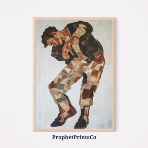 May include: A colorful abstract portrait of a person with a patchwork design in shades of brown, beige, and white. The person is wearing a jacket and pants made of different pieces of fabric.