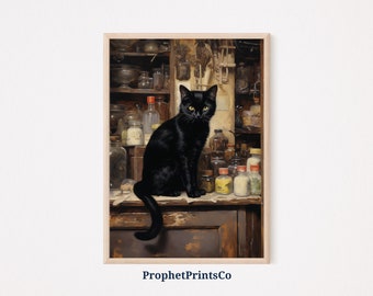 Vintage Cat Art Poster Print | Whimsical Cat Wall Art | Black Cat Painting | Black Cat Home Décor | Printable Wall Art | Digital Download