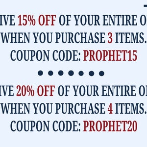 K&ouml;nnte beinhalten: Eine blaue und wei&szlig;e Grafik mit dem Text "RECEIVE 15% OFF OF YOUR ENTIRE ORDER WHEN YOU PURCHASE 3 ITEMS. COUPON CODE: PROPHET15" und "RECEIVE 20% OFF OF YOUR ENTIRE ORDER WHEN YOU PURCHASE 4 ITEMS. COUPON CODE: PROPHET20".