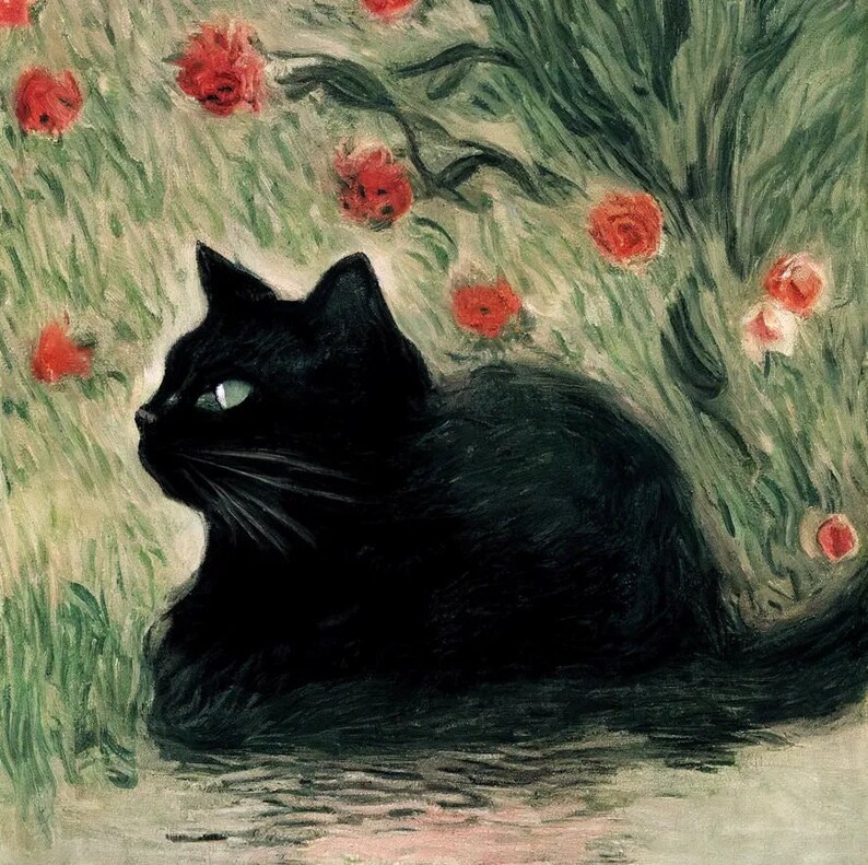 K&ouml;nnte beinhalten: Eine schwarze Katze mit gr&uuml;nen Augen sitzt in einem Feld mit gr&uuml;nem Gras und roten Blumen.
