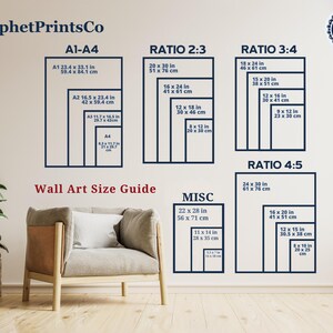 May include: A wall art size guide with different ratios and sizes in inches and centimeters. The guide includes standard paper sizes like A1, A2, A3, and A4, as well as ratios like 2:3, 3:4, and 4:5. The guide also includes a section for miscellaneous sizes.