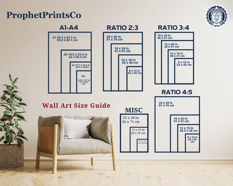 May include: A wall art size guide with different ratios and sizes in inches and centimeters. The guide includes standard paper sizes like A1, A2, A3, and A4, as well as ratios like 2:3, 3:4, and 4:5. The guide also includes a section for miscellaneous sizes.