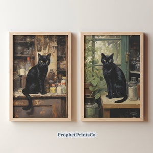 Set Of 2 Black Cat Poster Prints | Gallery Wall Set | Vintage Cat Painting | Cute Kitten Home Décor | Digital Download | Printable Wall Art