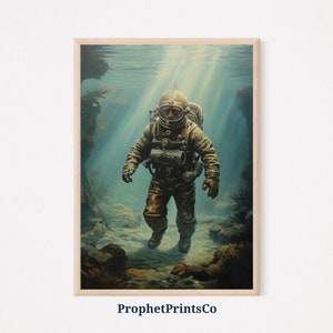 May include: A vintage illustration of a diver in a diving suit, standing on the ocean floor. The diver is wearing a helmet with a large, round window. The diver is surrounded by seaweed and other marine life.