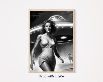 Trippy UFO Poster Print / Vintage Pin Up Wall Art / Alien Lover Gift / Original Space Home Décor / Printable Wall Art / DIGITIAL DOWNLOAD
