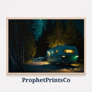 Impresión de póster de camping en la playa / Arte nocturno de la pared costera / Regalo para amantes de California / Decoración del hogar de palmeras / Arte de pared imprimible / DESCARGA DIGITAL