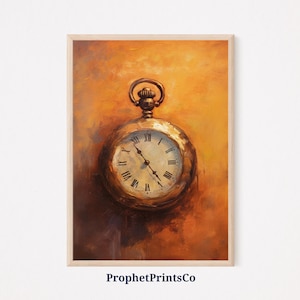 Pode incluir: Um relógio de bolso vintage com numerais romanos no mostrador, pintado em um estilo realista sobre um fundo laranja quente.