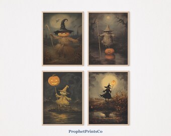 Set Of 4 Vintage Halloween Painting Prints | Dark Academia Decor | Gothic Decor | Halloween Decor | Digital Download | Printable Wall Art