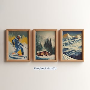 LOT DE 3 Posters Ski Mountain | Art mural vintage peinture à l'huile | Cadeau skieur rustique | Décoration d'intérieur de ski enneigé | Art mural numérique imprimable
